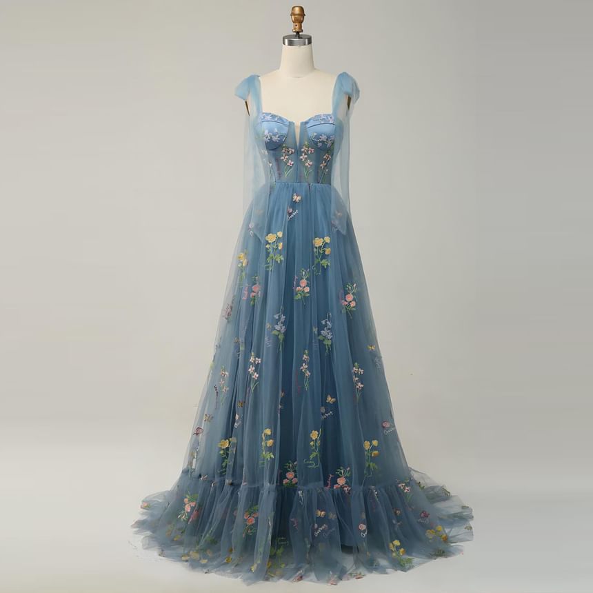 Sleeveless Floral Embroidered Mesh A-Line Evening Gown