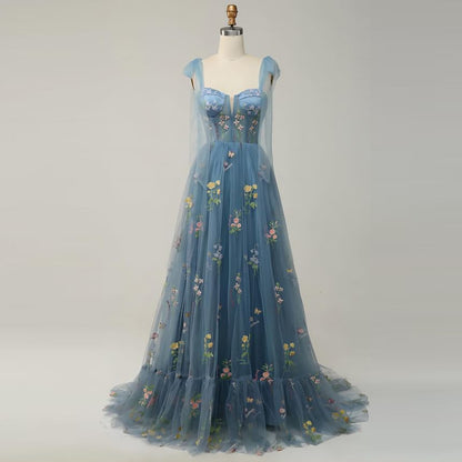 Sleeveless Floral Embroidered Mesh A-Line Evening Gown