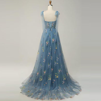 Sleeveless Floral Embroidered Mesh A-Line Evening Gown