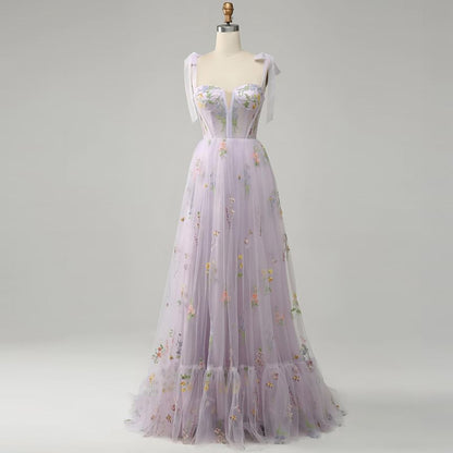 Sleeveless Floral Embroidered Mesh A-Line Evening Gown