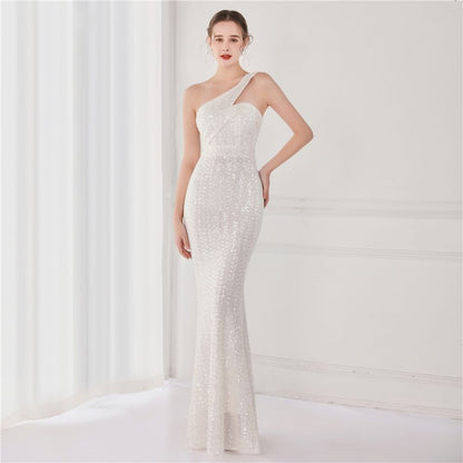 Sleeveless One-Shoulder Sequin Mermaid Evening Gown