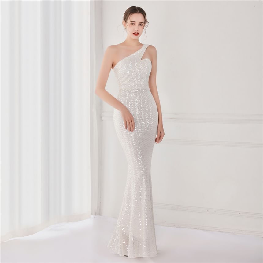 Sleeveless One-Shoulder Sequin Mermaid Evening Gown