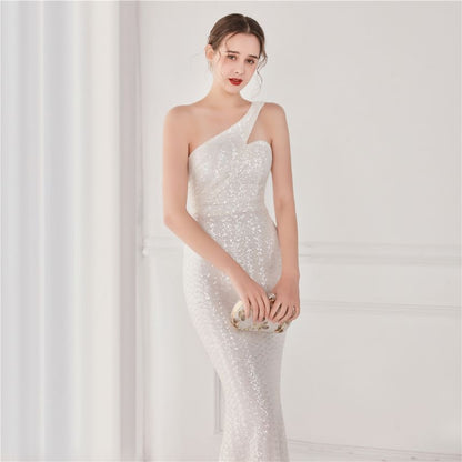 Sleeveless One-Shoulder Sequin Mermaid Evening Gown