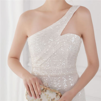 Sleeveless One-Shoulder Sequin Mermaid Evening Gown