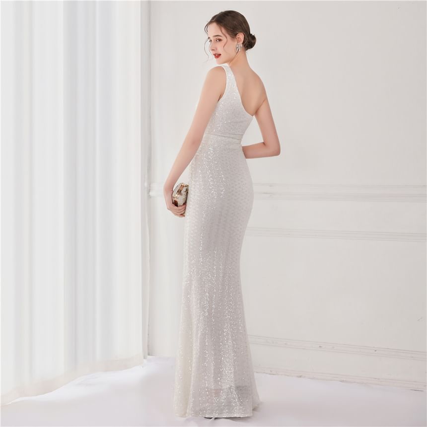 Sleeveless One-Shoulder Sequin Mermaid Evening Gown