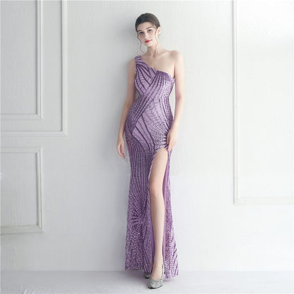 Sleeveless One-Shoulder Sequin Slit Maxi Sheath Evening Dress