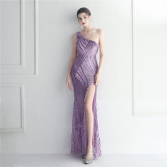 Sleeveless One-Shoulder Sequin Slit Maxi Sheath Evening Dress