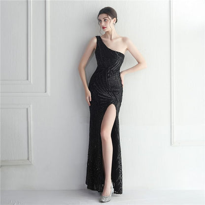 Sleeveless One-Shoulder Sequin Slit Maxi Sheath Evening Dress