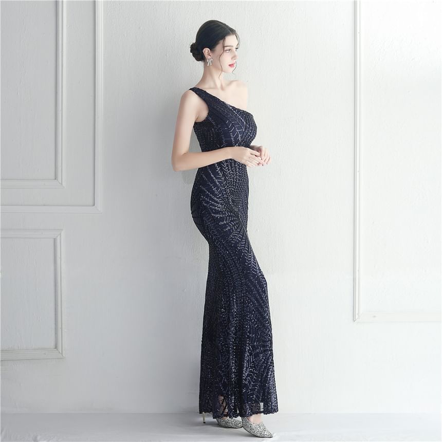 Sleeveless One-Shoulder Sequin Slit Maxi Sheath Evening Dress
