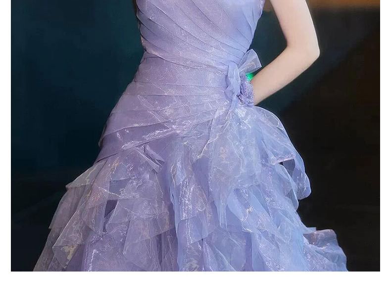 Strapless Tiered Mesh Panel A-Line Evening Gown