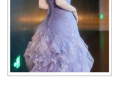 Strapless Tiered Mesh Panel A-Line Evening Gown
