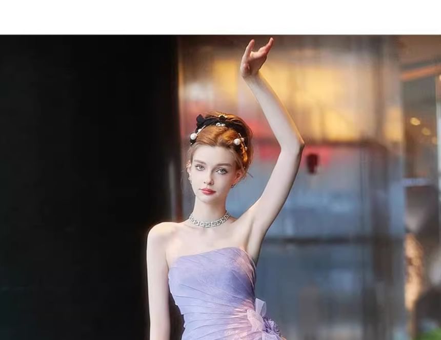 Strapless Tiered Mesh Panel A-Line Evening Gown