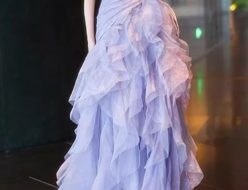 Strapless Tiered Mesh Panel A-Line Evening Gown