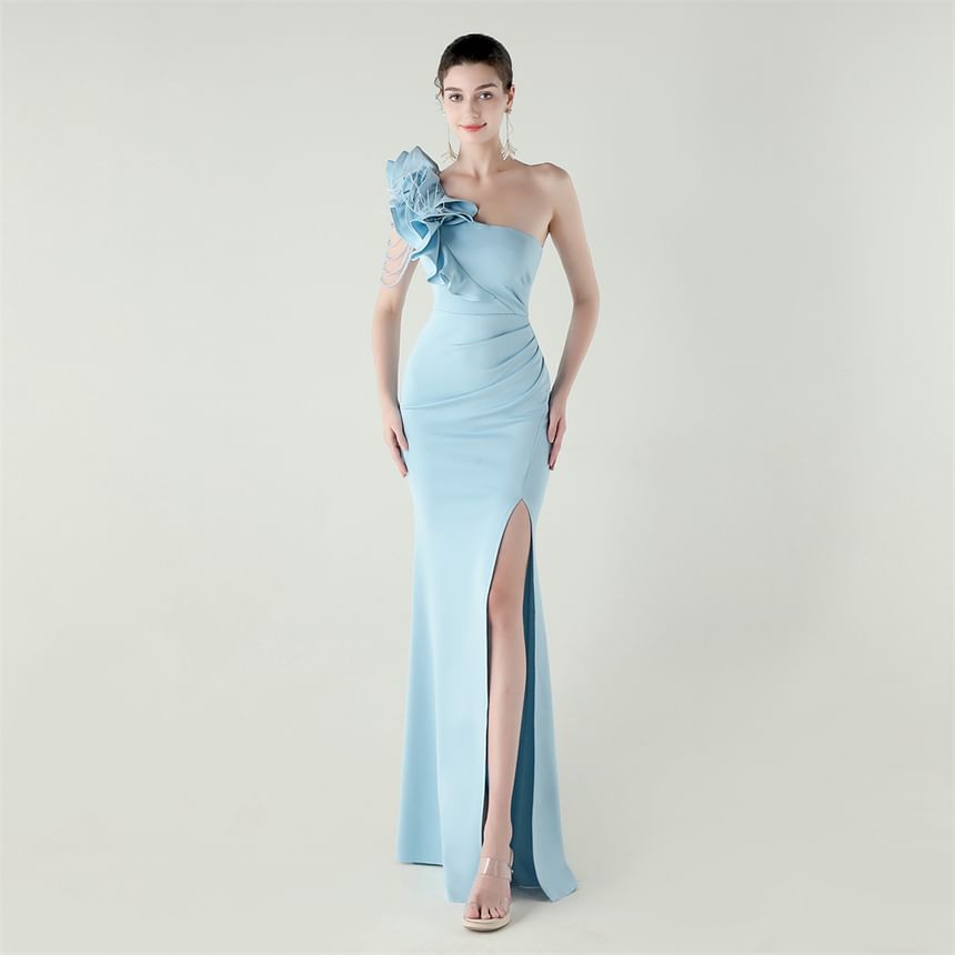 Sleeveless Plain Gown Trim One-Shoulder Sheath Slit Evening Ruffle