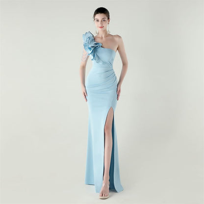 Sleeveless One-Shoulder Plain Ruffle Trim Slit Sheath Evening Gown