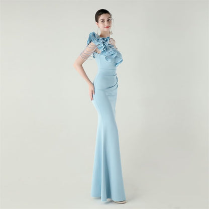 Sleeveless One-Shoulder Plain Ruffle Trim Slit Sheath Evening Gown