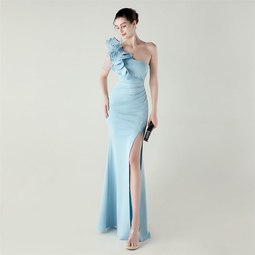 Sleeveless Plain Gown Trim One-Shoulder Sheath Slit Evening Ruffle