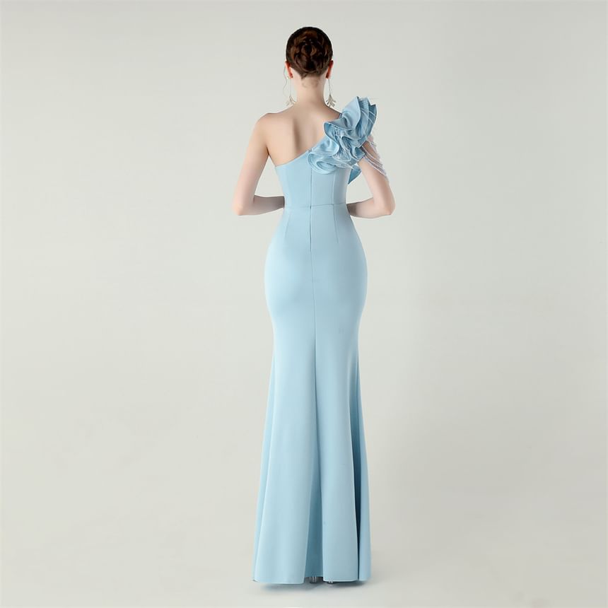 Sleeveless One-Shoulder Plain Ruffle Trim Slit Sheath Evening Gown