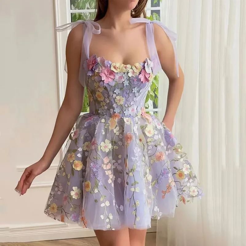 Sleeveless Floral Embroidered Mesh Mini A-Line Corset Cocktail Dress