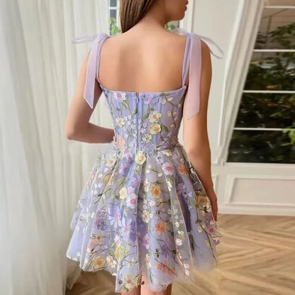 Sleeveless Floral Embroidered Mesh Mini A-Line Corset Cocktail Dress