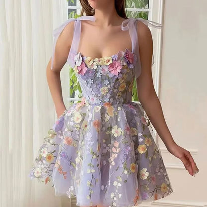 Sleeveless Floral Embroidered Mesh Mini A-Line Corset Cocktail Dress