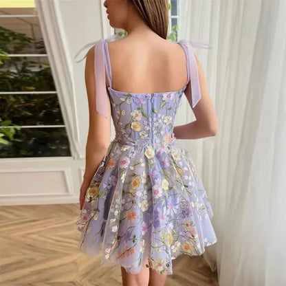 Sleeveless Floral Embroidered Mesh Mini A-Line Corset Cocktail Dress