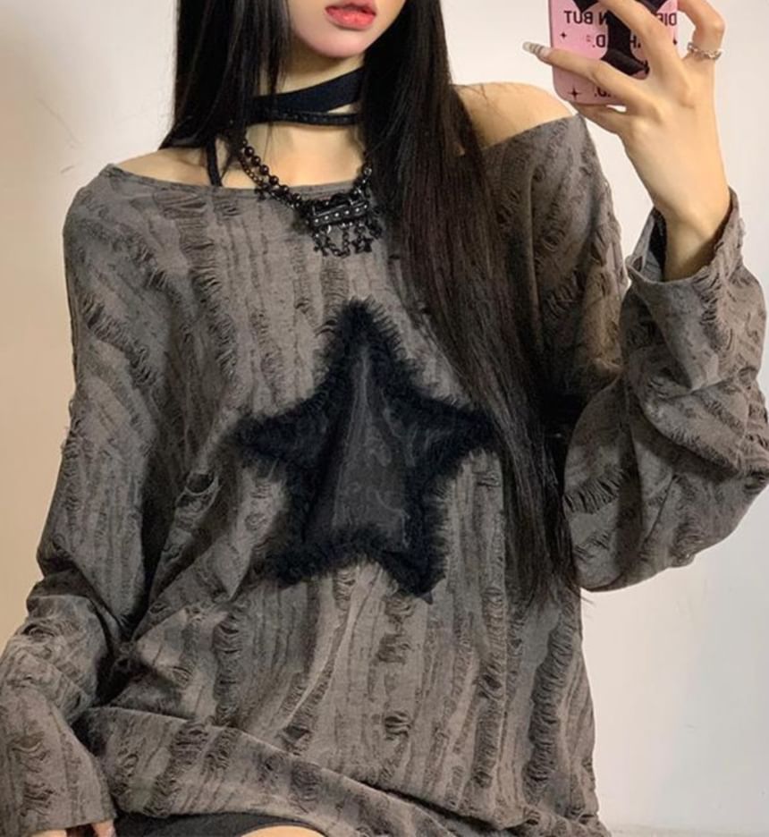 Star Patch Distressed Oversized Crewneck Extended Sleeve Sweatshirt