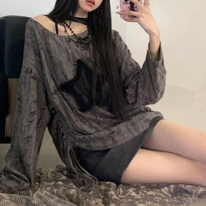 Star Patch Distressed Oversized Crewneck Extended Sleeve Sweatshirt