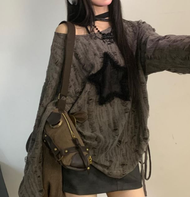 Star Patch Distressed Oversized Crewneck Extended Sleeve Sweatshirt