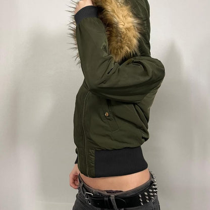Long Sleeve Furry-Trim Hooded Zip-Up Bomber Jacket