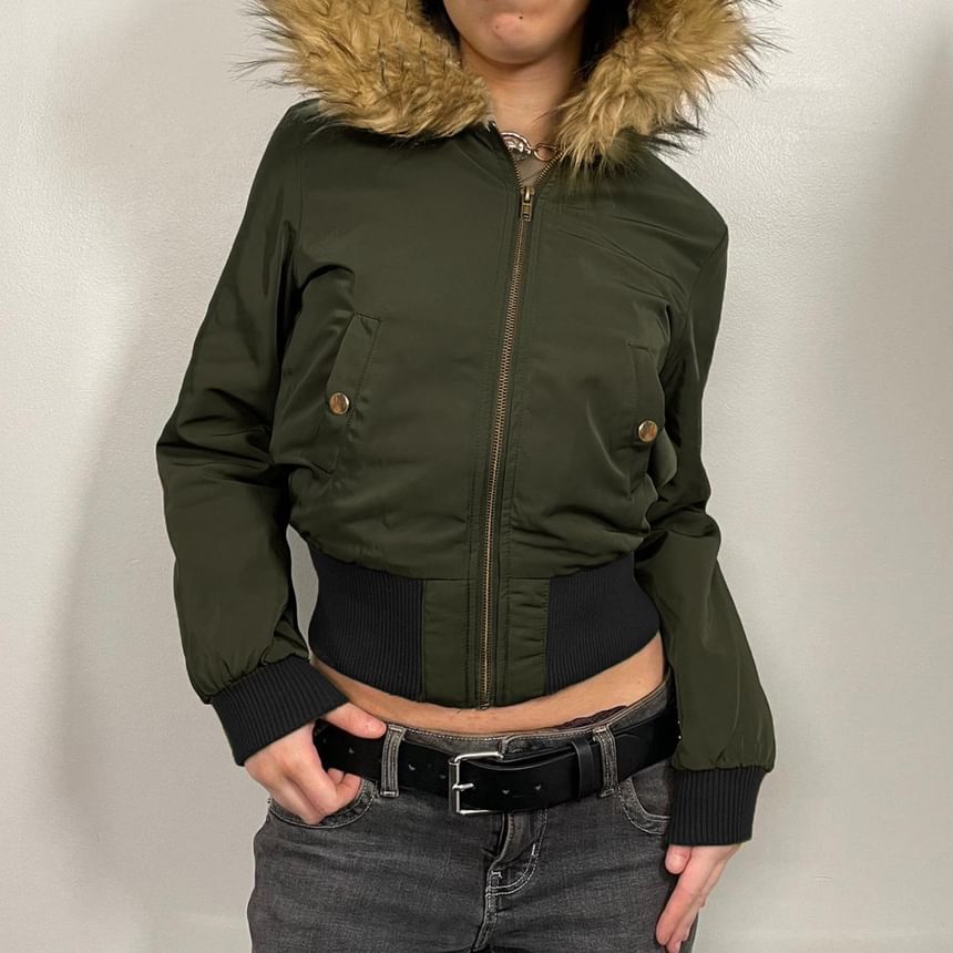Long Sleeve Furry-Trim Hooded Zip-Up Bomber Jacket