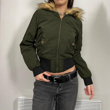 Long Sleeve Furry-Trim Hooded Zip-Up Bomber Jacket