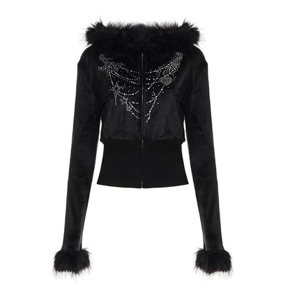 Long Sleeve Rhinestone Furry-Trim Velvet Hooded Zip-Up Jacket
