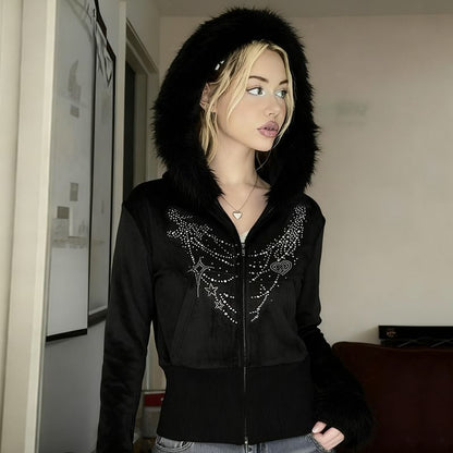 Long Sleeve Rhinestone Furry-Trim Velvet Hooded Zip-Up Jacket