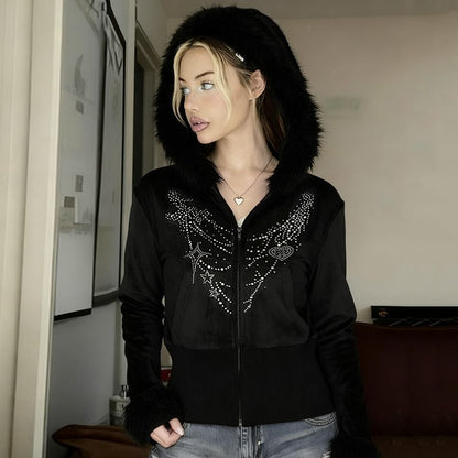 Long Sleeve Rhinestone Furry-Trim Velvet Hooded Zip-Up Jacket