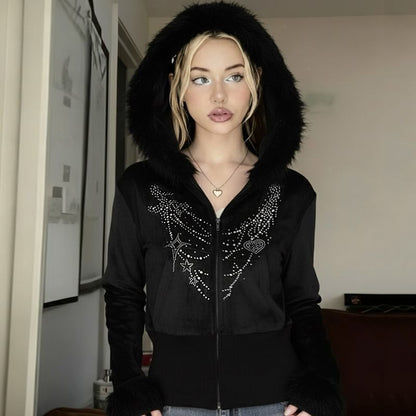 Long Sleeve Rhinestone Furry-Trim Velvet Hooded Zip-Up Jacket
