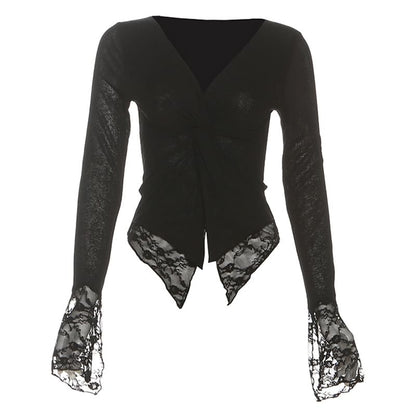 Lace Panel Knotted V Neck Long Sleeve Slim Top