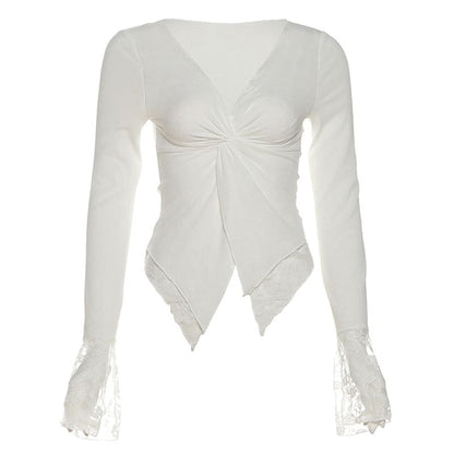 Lace Panel Knotted V Neck Long Sleeve Slim Top