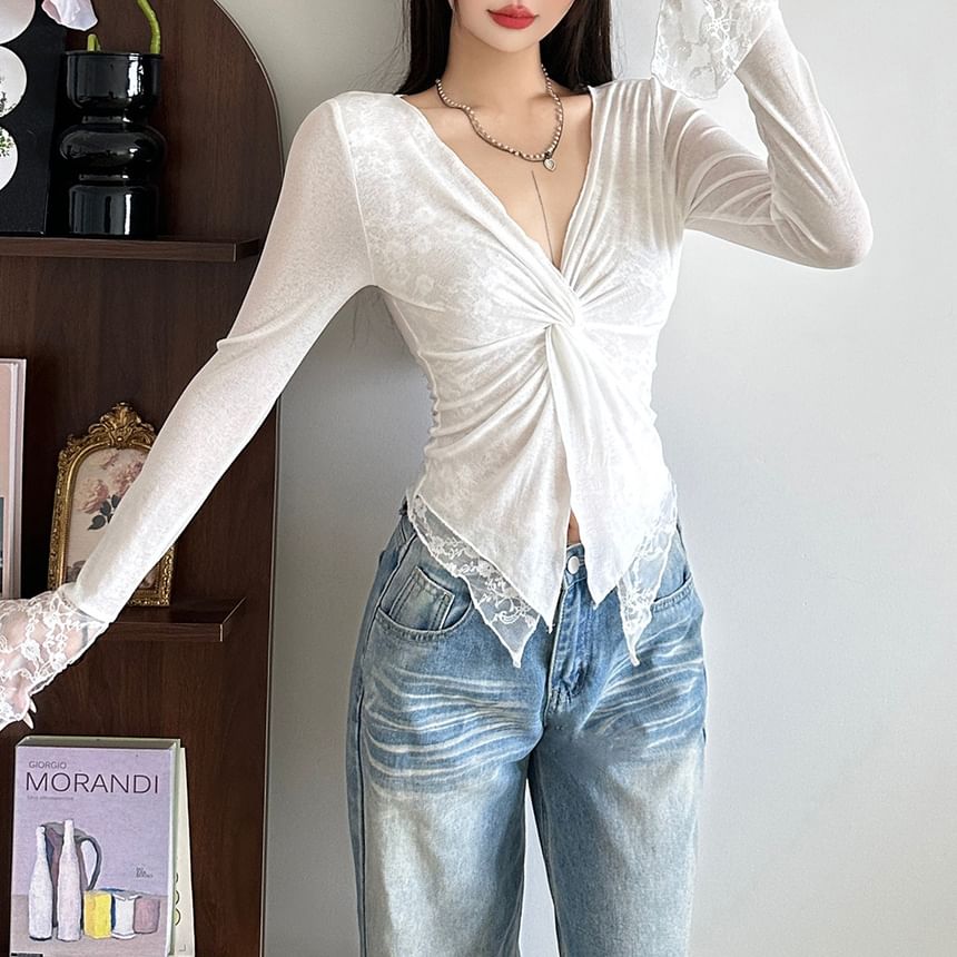 Lace Panel Knotted V Neck Long Sleeve Slim Top