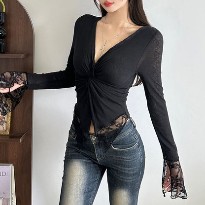 Lace Panel Knotted V Neck Long Sleeve Slim Top