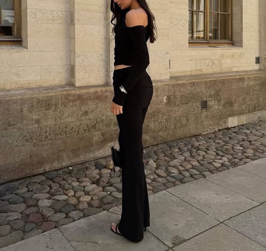 Off Shoulder Tee and Boot Cut Pants Slim Set
