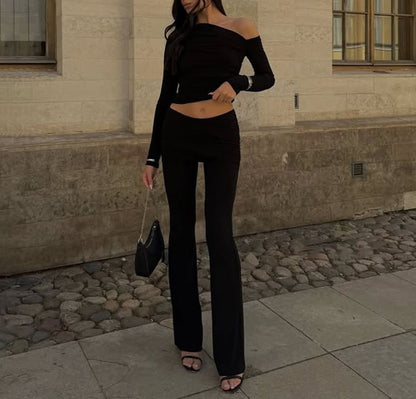Off Shoulder Tee and Boot Cut Pants Slim Set