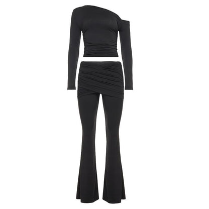 Off Shoulder Tee and Boot Cut Pants Slim Set