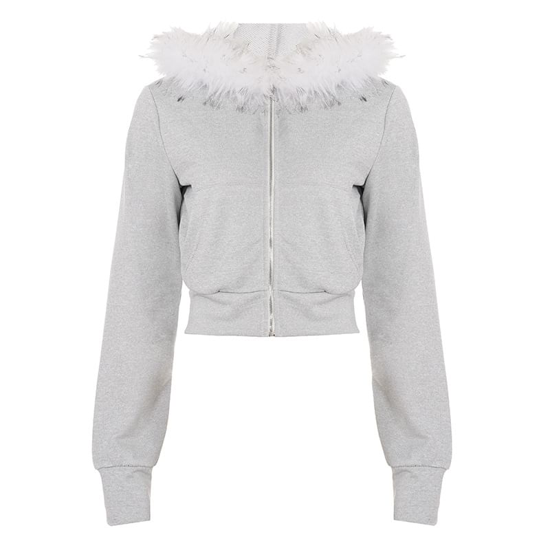 Long Sleeve Furry-Trim Hooded Zip-Up Jacket