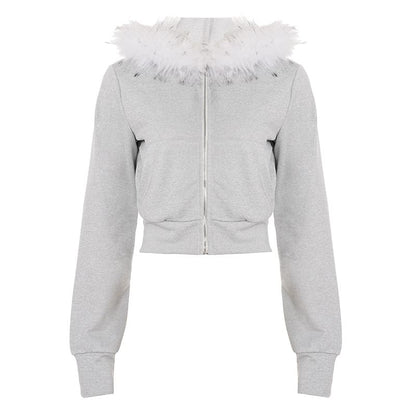 Long Sleeve Furry-Trim Hooded Zip-Up Jacket