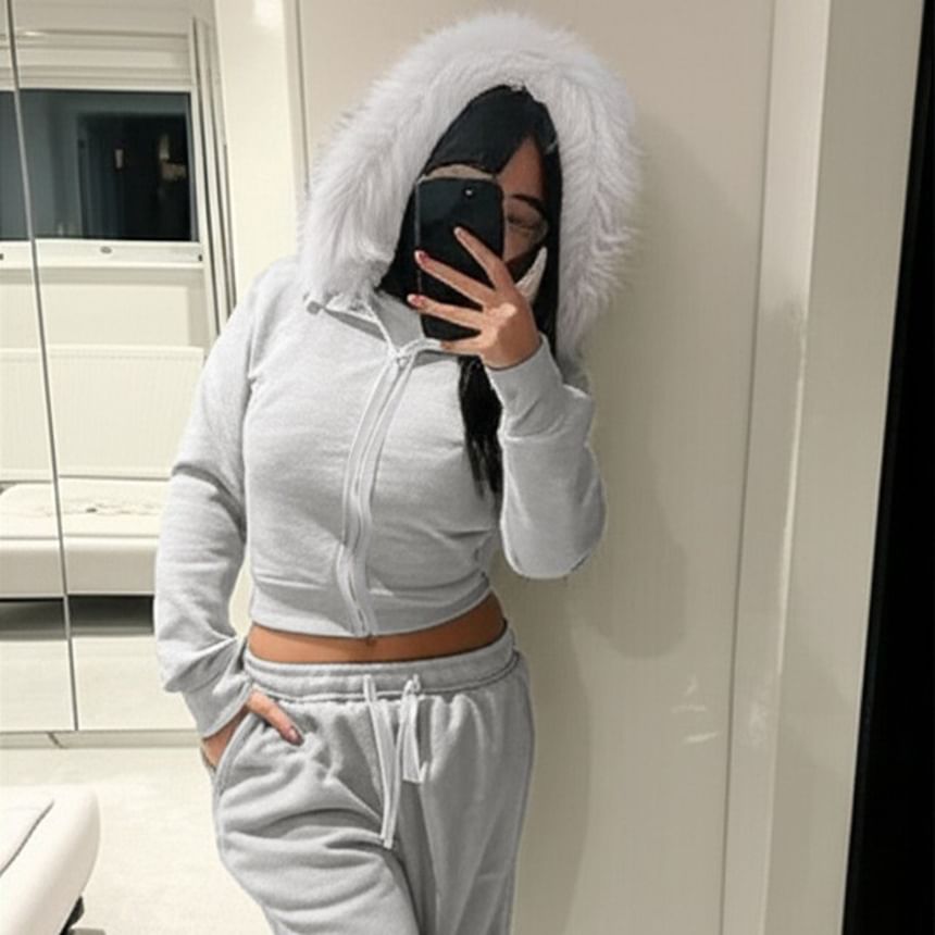 Long Sleeve Furry-Trim Hooded Zip-Up Jacket