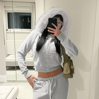 Long Sleeve Furry-Trim Hooded Zip-Up Jacket