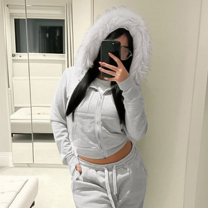 Long Sleeve Furry-Trim Hooded Zip-Up Jacket