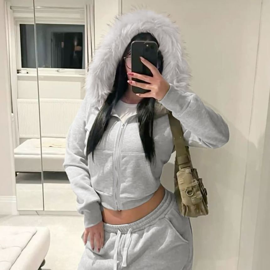 Long Sleeve Furry-Trim Hooded Zip-Up Jacket