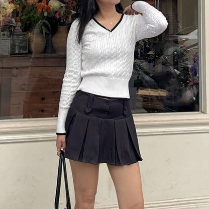 Cable Knit V Neck Long Sleeve Slim Sweater